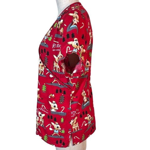 Rudolph The Red-Nosed Reindeer Red Christmas Scrub Top Unisex Size M 100% Cotton - Picture 5 of 7